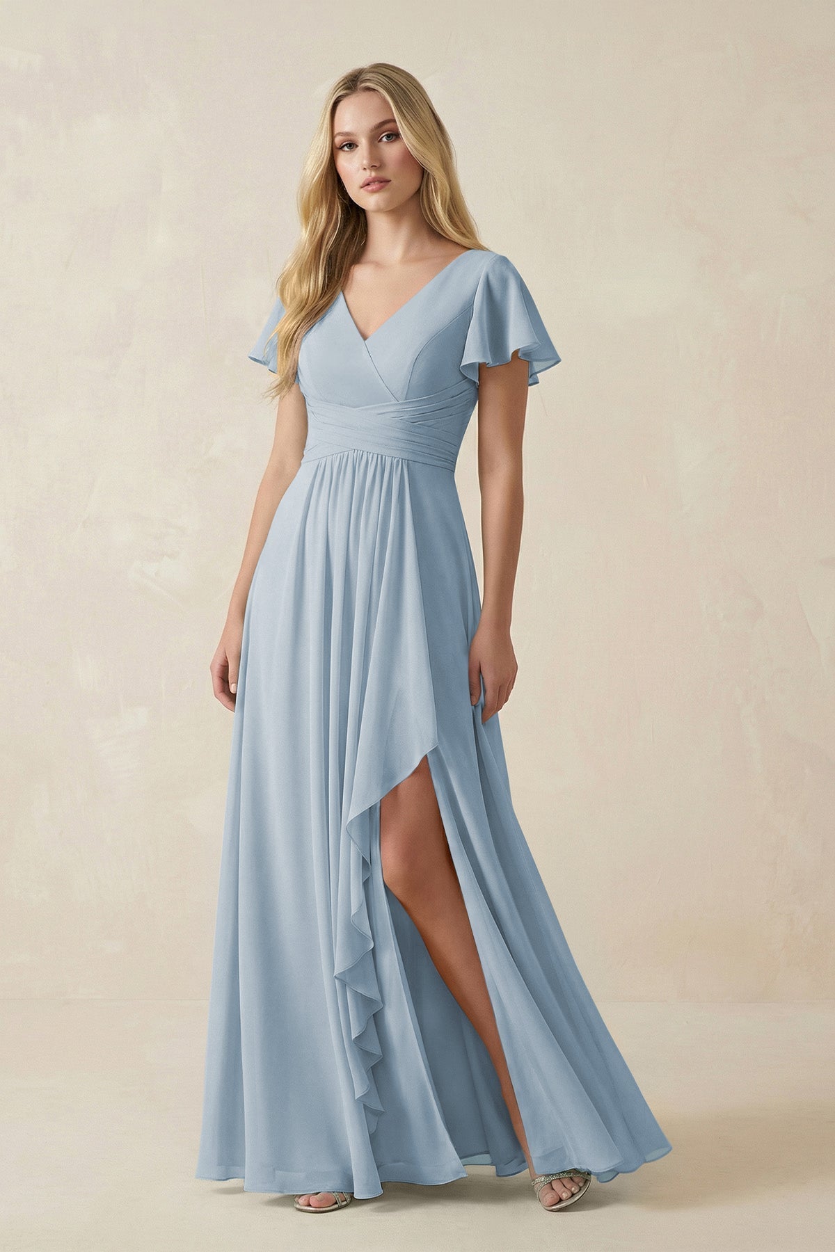 KissProm V-Neck Flutter Sleeve A-Line Chiffon Bridesmaid Dress in Dusty Blue, Dusty Blue / 18