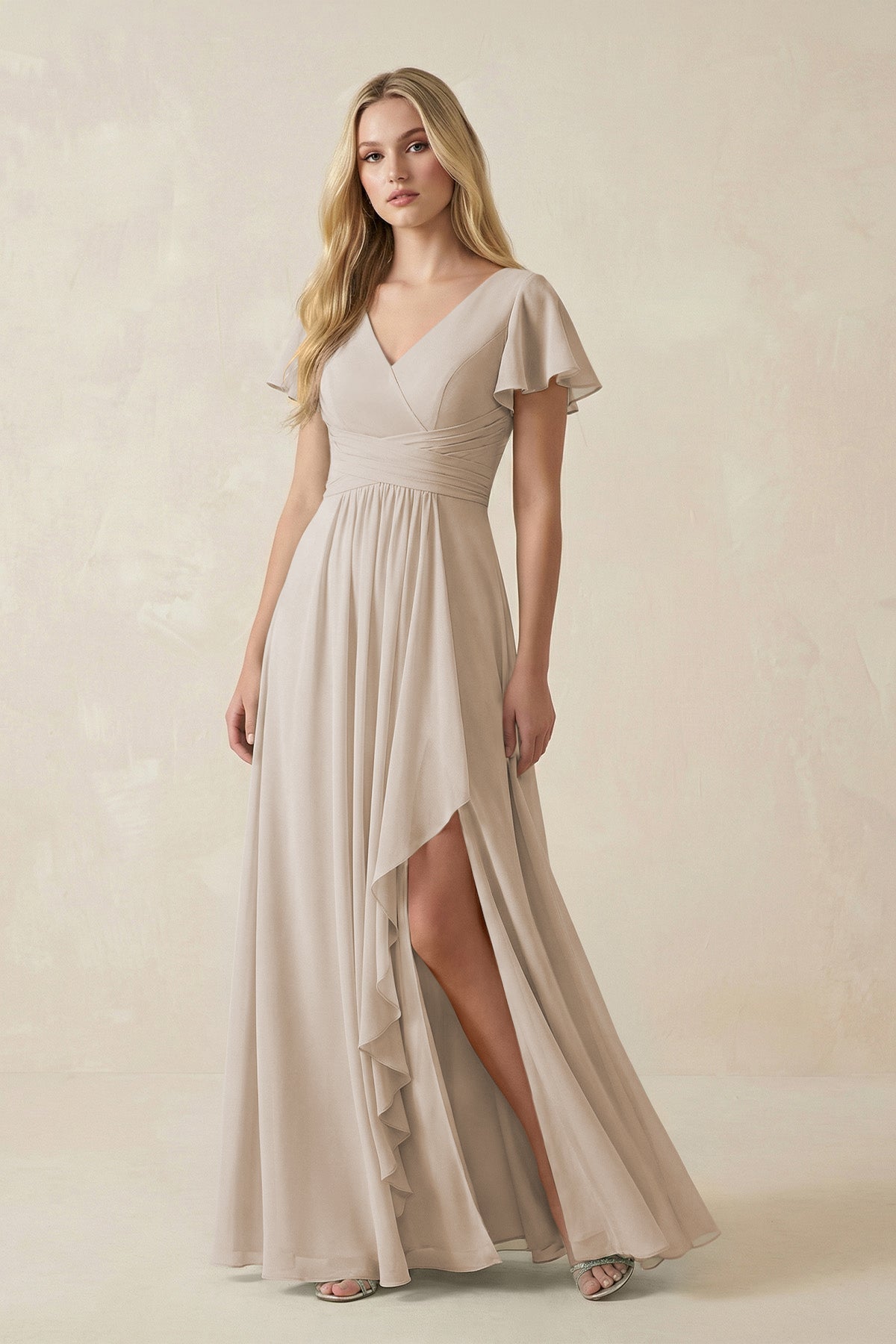 KissProm V-Neck Flutter Sleeve A-Line Chiffon Bridesmaid Dress in Frost, Frost / 24