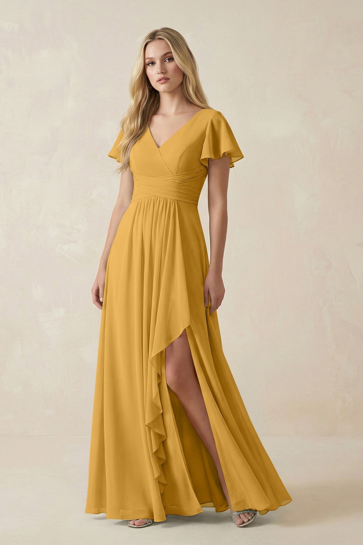 KissProm V-Neck Flutter Sleeve A-Line Chiffon Bridesmaid Dress in Marigold, Marigold / 22