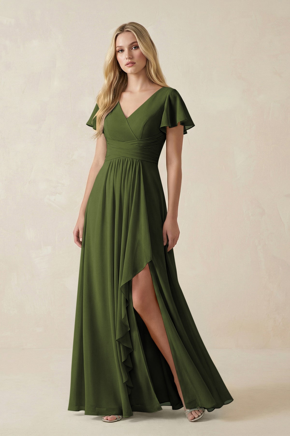 V-Neck Flutter Sleeve A-Line Chiffon Bridesmaid Dress in Olive