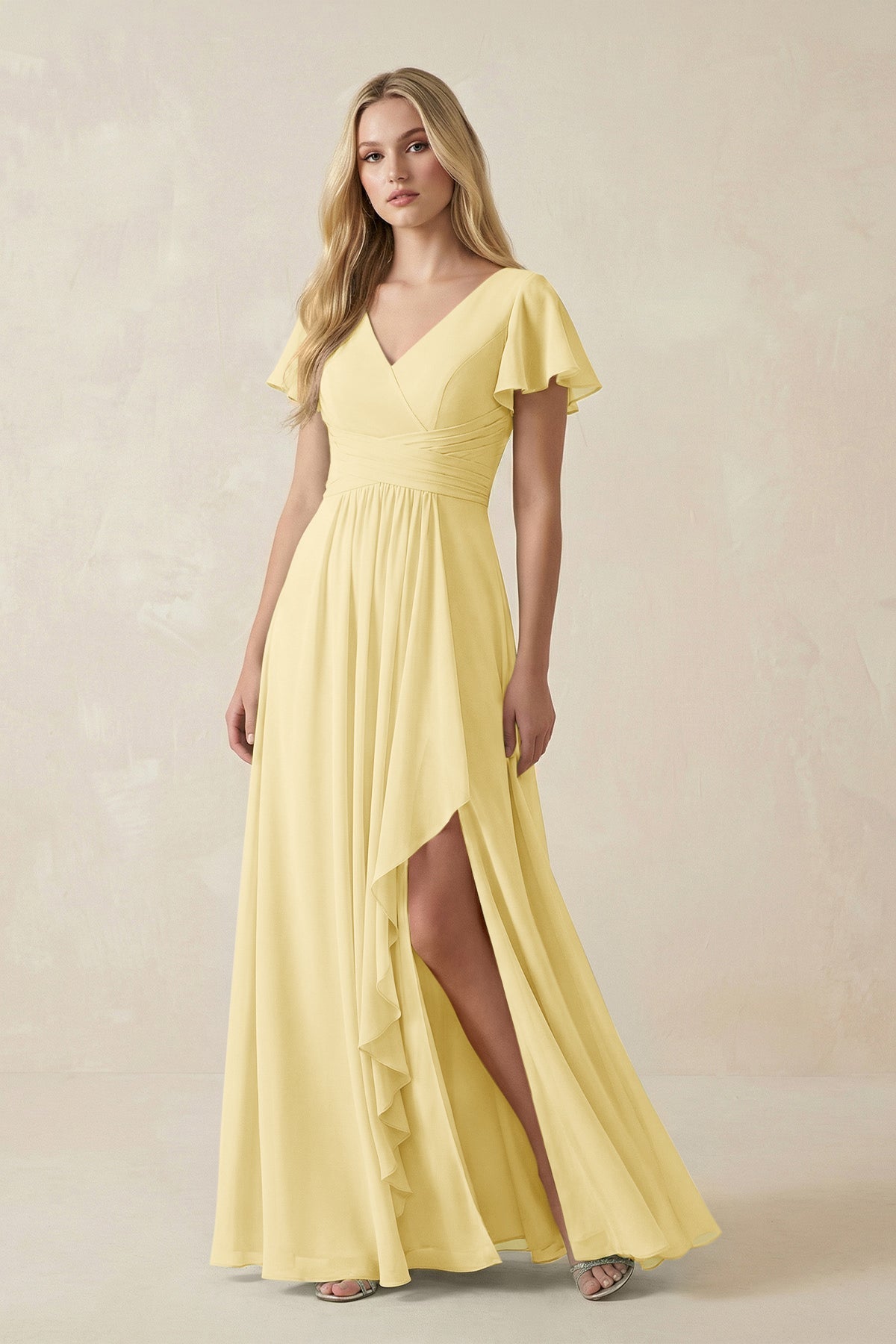 KissProm V-Neck Flutter Sleeve A-Line Chiffon Bridesmaid Dress in Pastel Yellow, Pastel Yellow / 20