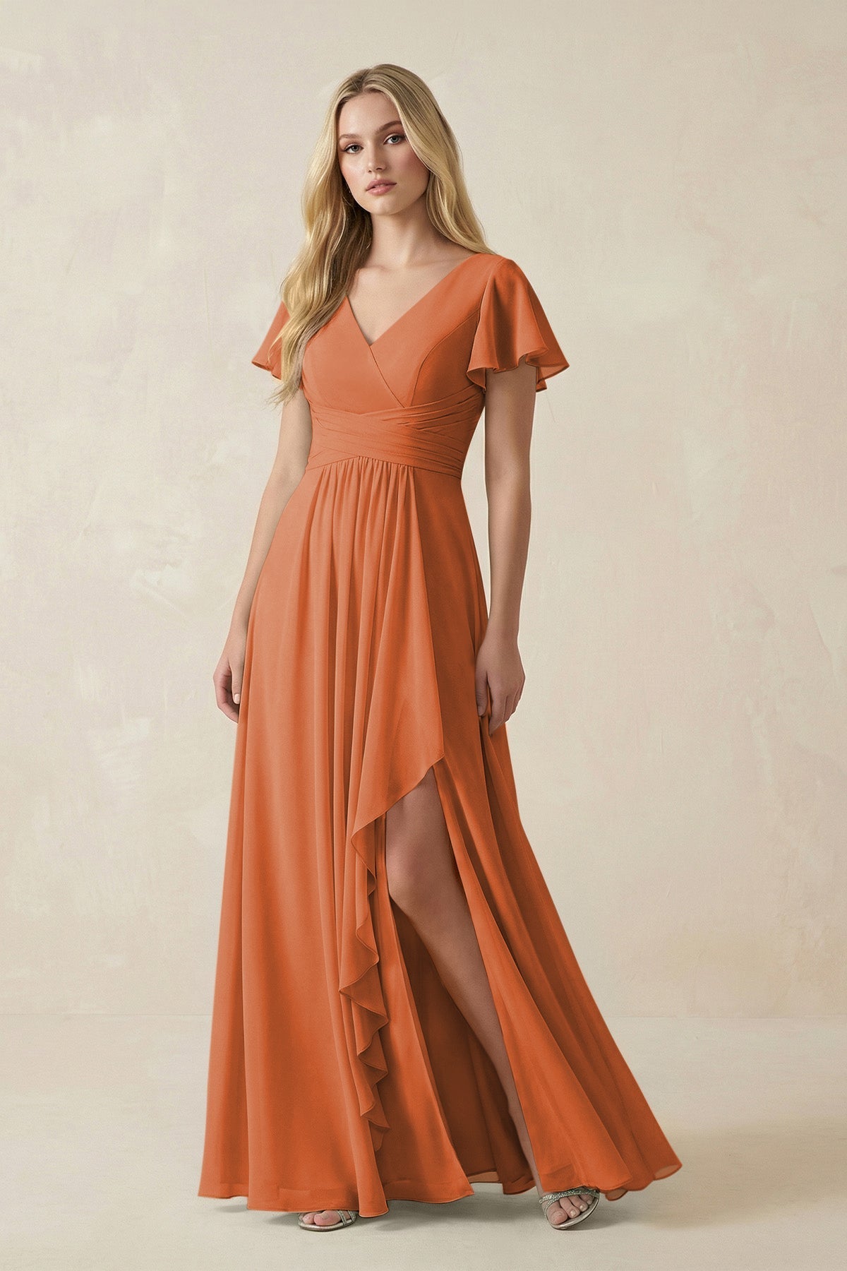 KissProm V-Neck Flutter Sleeve A-Line Chiffon Bridesmaid Dress in Terracotta, Terracotta / 6