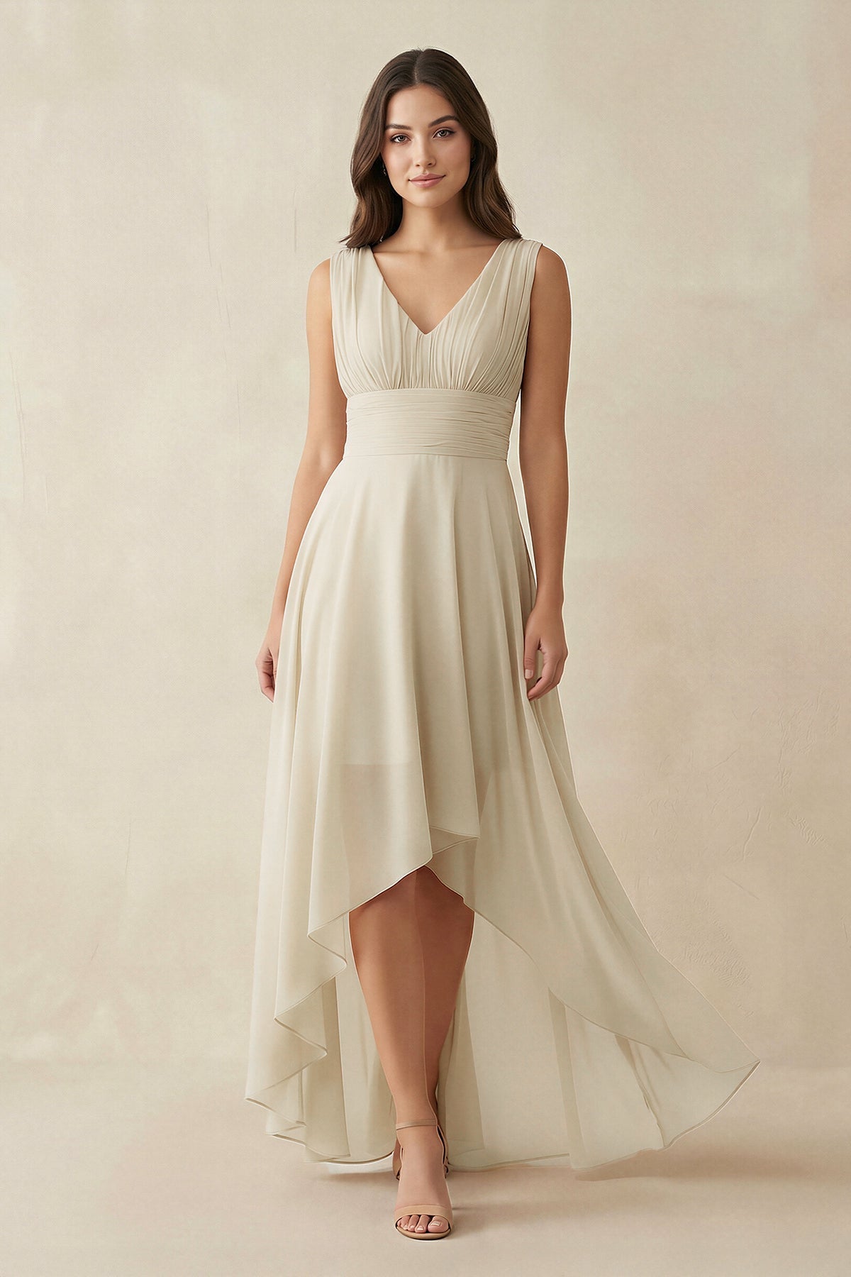 KissProm V-Neck High-Low Chiffon Bridesmaid Dress in Champagne, Champagne / Custom Size( Free )