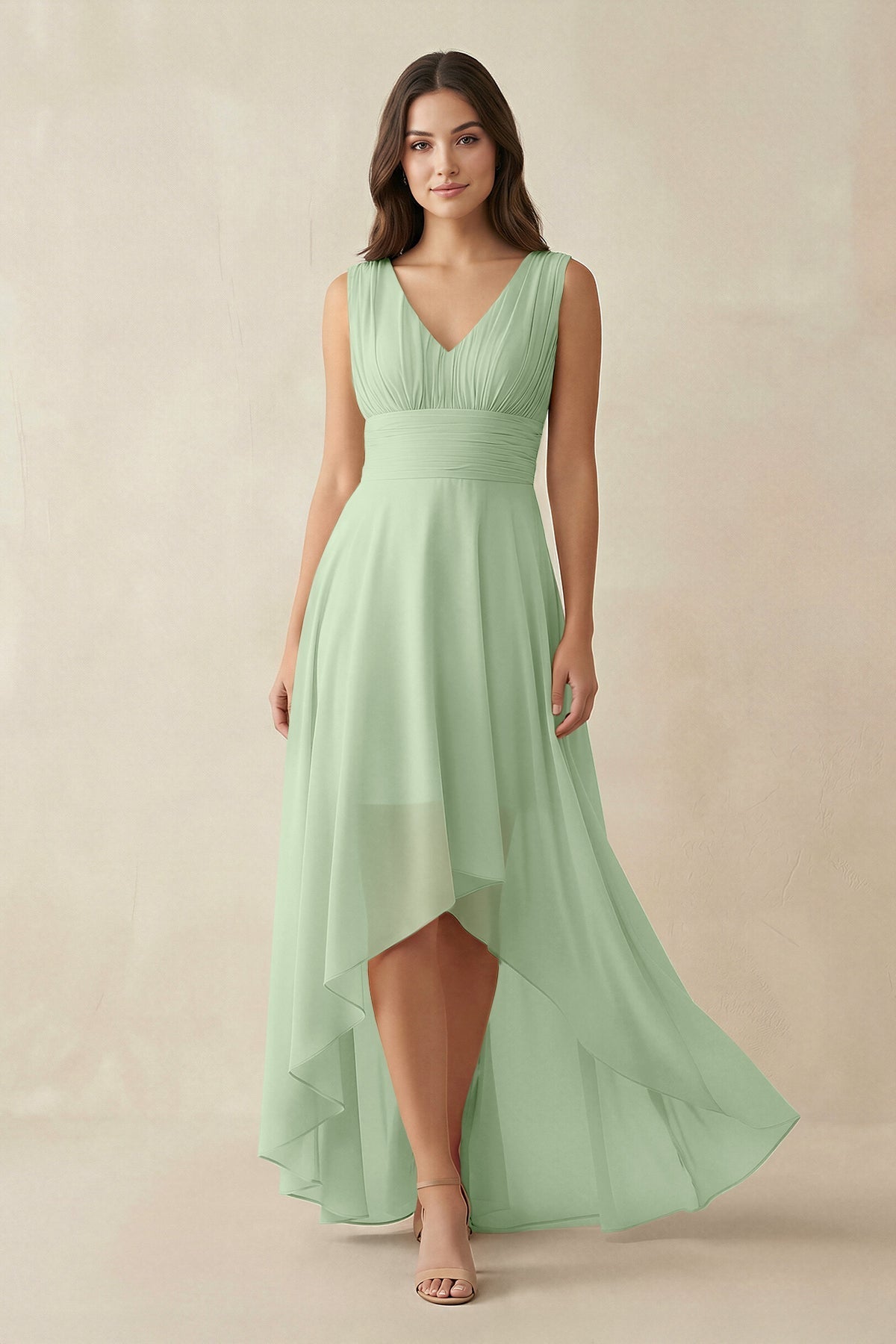 KissProm | V-Neck High-Low Chiffon Long Bridesmaid Dress in Sage KissProm | V-Neck High-Low Chiffon Long Bridesmaid Dress in Sage