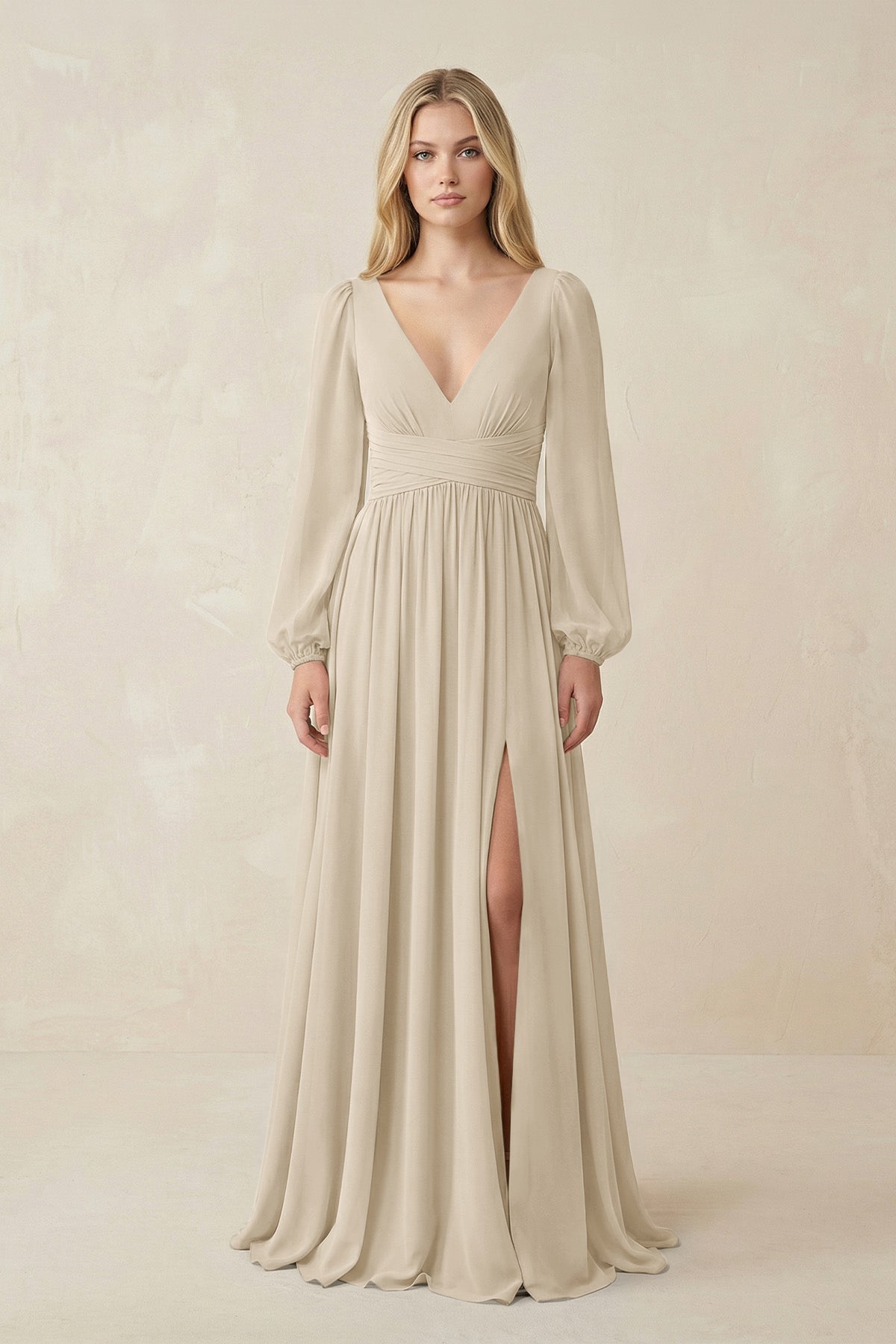 KissProm V-Neck Long Sleeve A-Line Chiffon Bridesmaid Dress in Champagne, Champagne / 24