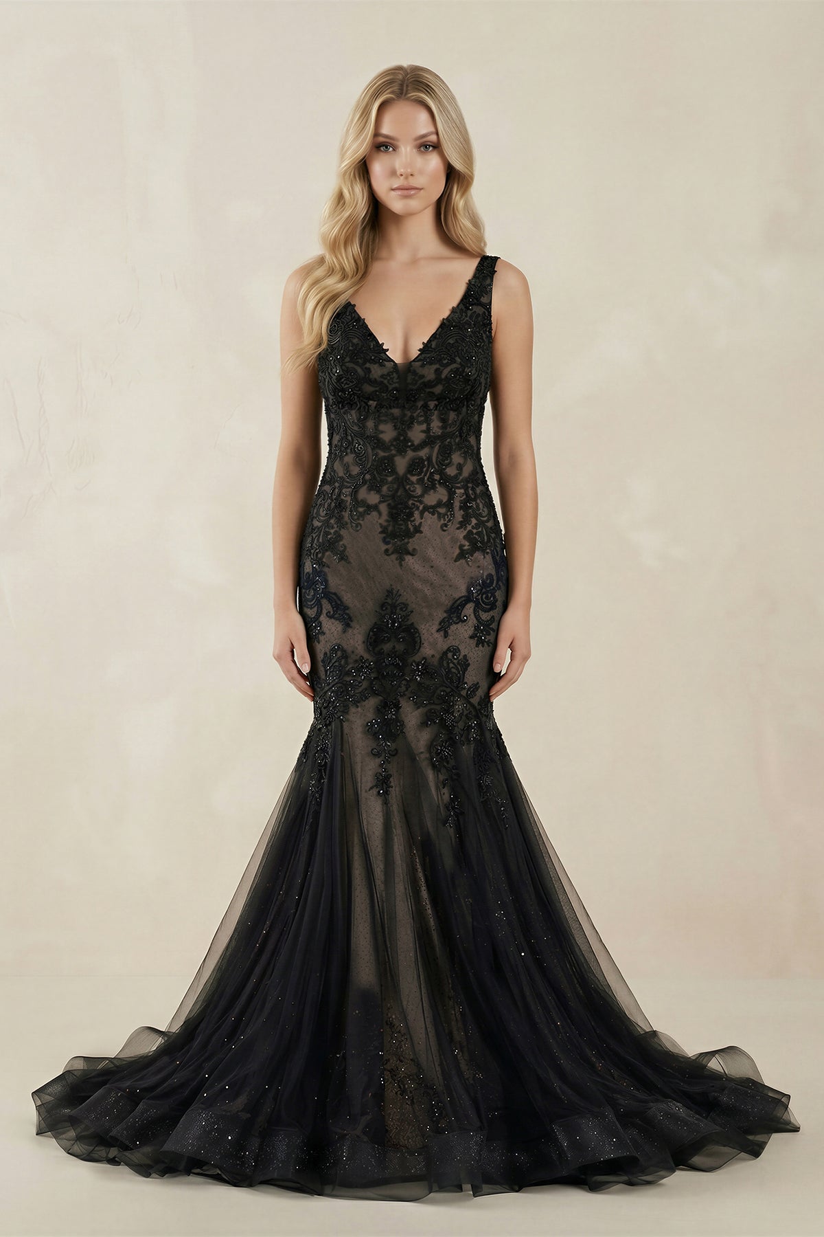 mermaid black wedding dress KissProm Tulle Appliques V-Neck Trumpet Long Dress, Black / 12 / Tulle Satin Swatch Color Women's Series 5 Minimalist Bold and chic US Size:4