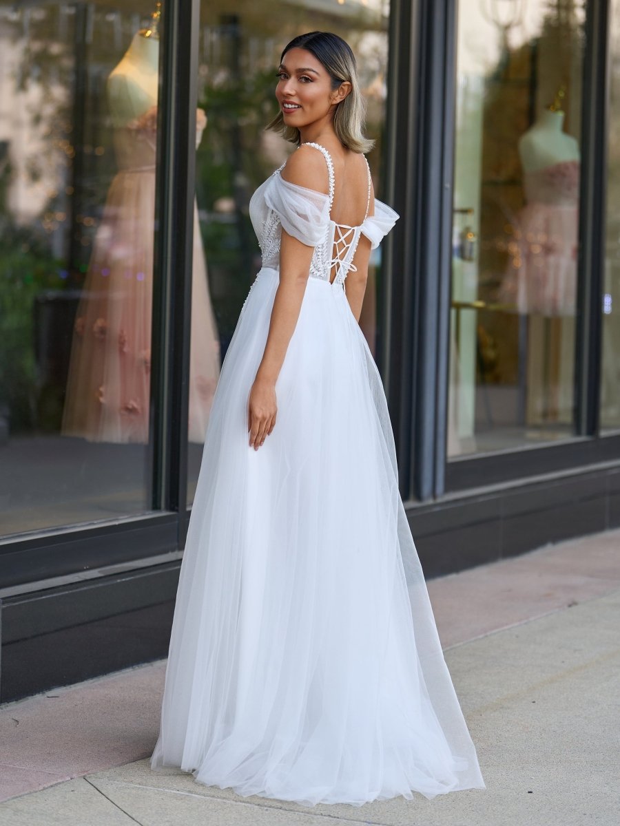 V - neck Pearl Embellished Floor Length Prom Dresses - KissProm