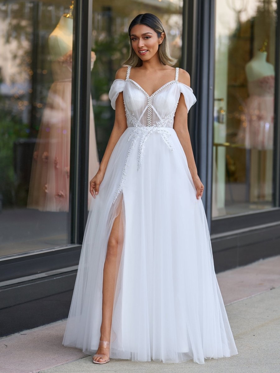 V - neck Pearl Embellished Floor Length Prom Dresses - KissProm
