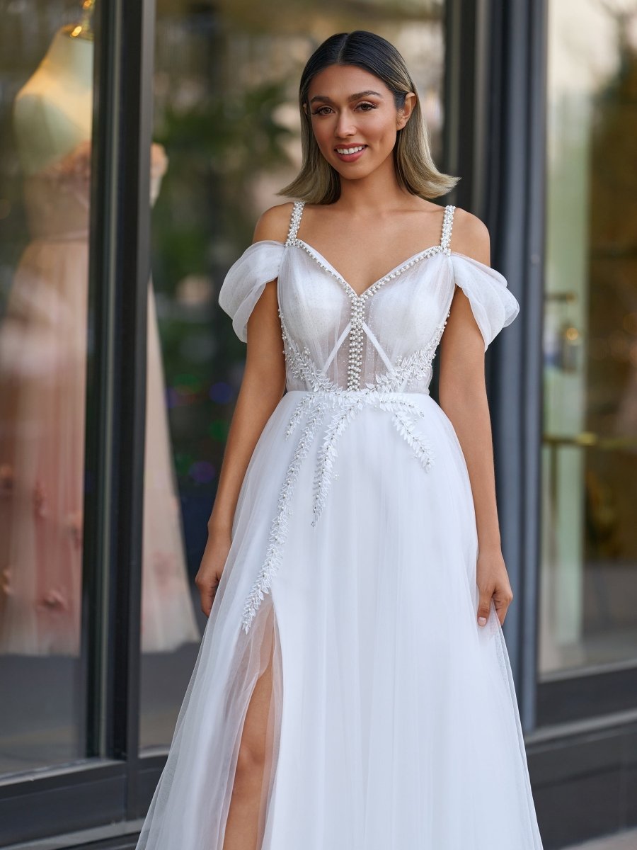 V - neck Pearl Embellished Floor Length Prom Dresses - KissProm