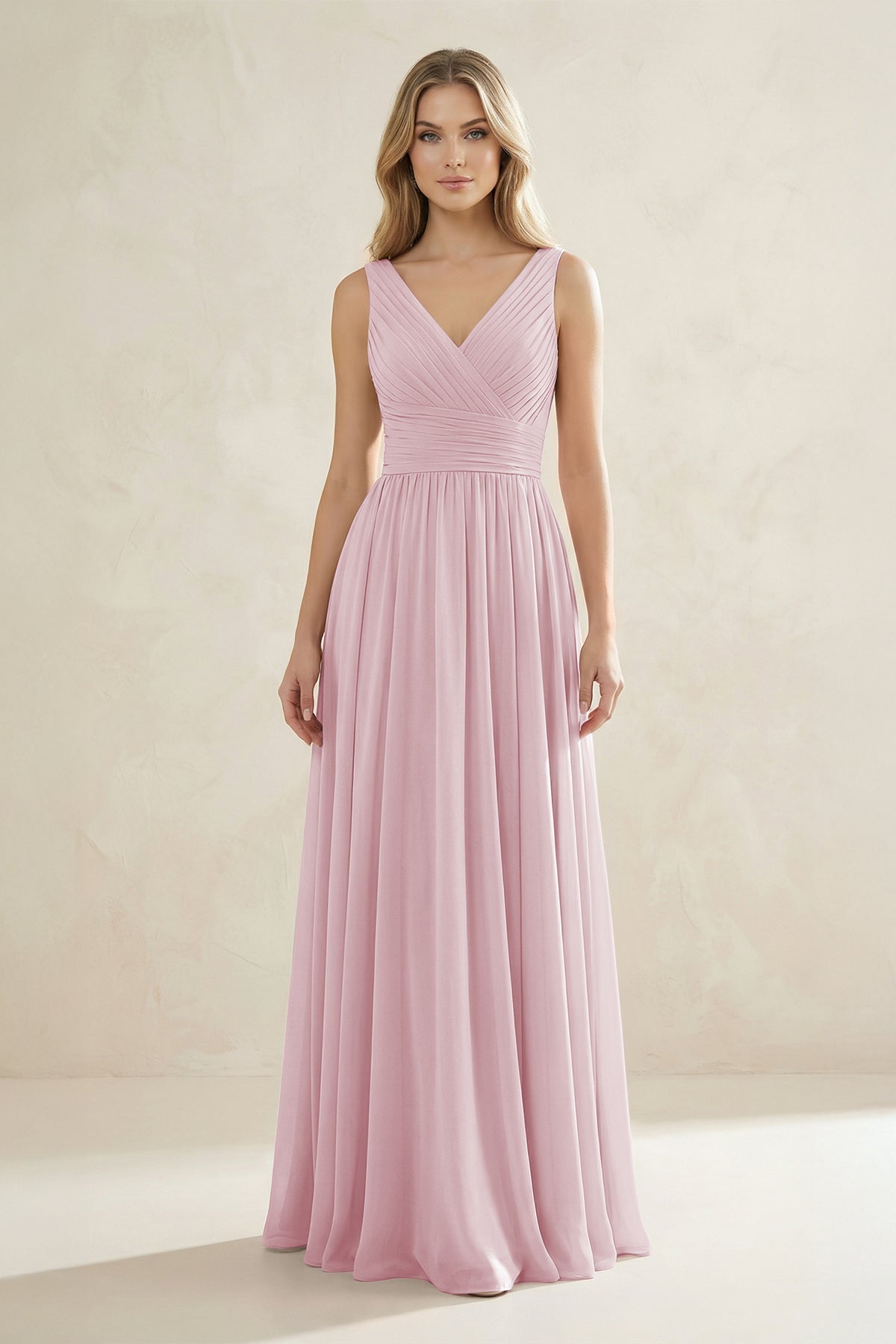 KissProm | V-Neck Pleated A-Line Bridesmaid Dress in Candy Pink KissProm | V-Neck Pleated A-Line Bridesmaid Dress in Candy Pink
