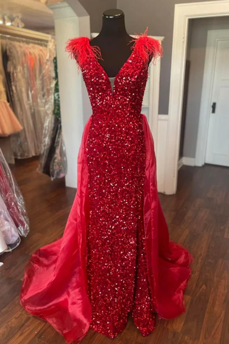 V-Neck Red Sequin Feathers Long Prom Dress with Cape V-Neck Red Sequin Feathers Long Prom Dress with Cape