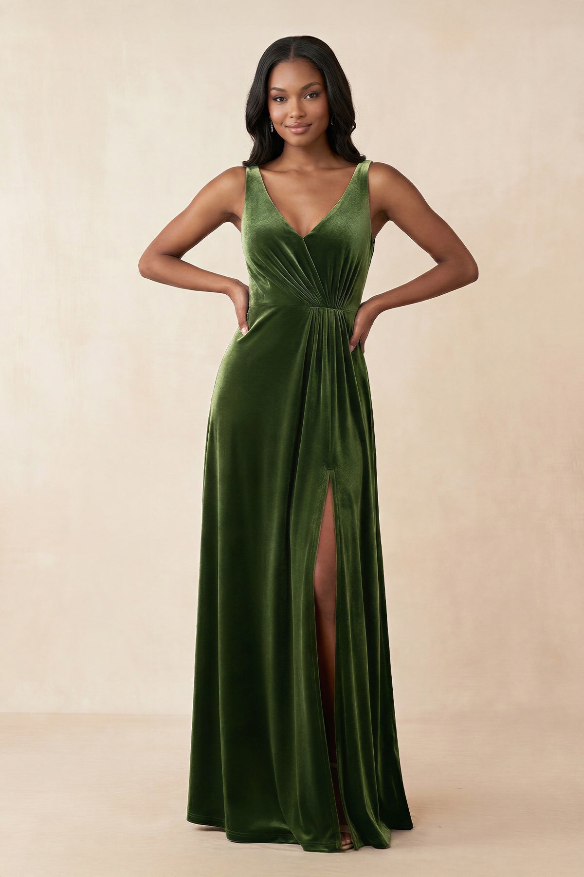 KissProm V-Neck Ruched A-Line Velvet Bridesmaid Dress in Olive, Olive / 2