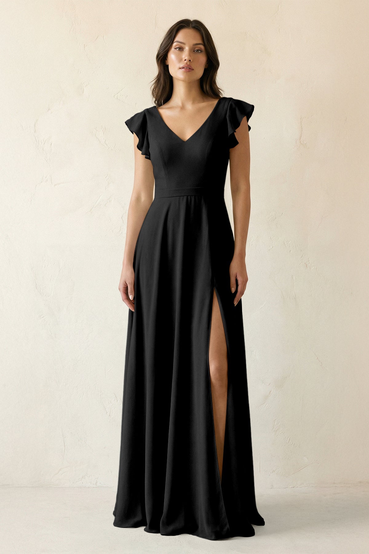 KissProm V-Neck Ruffled A-Line Chiffon Bridesmaid Dress in Black, Black / 30