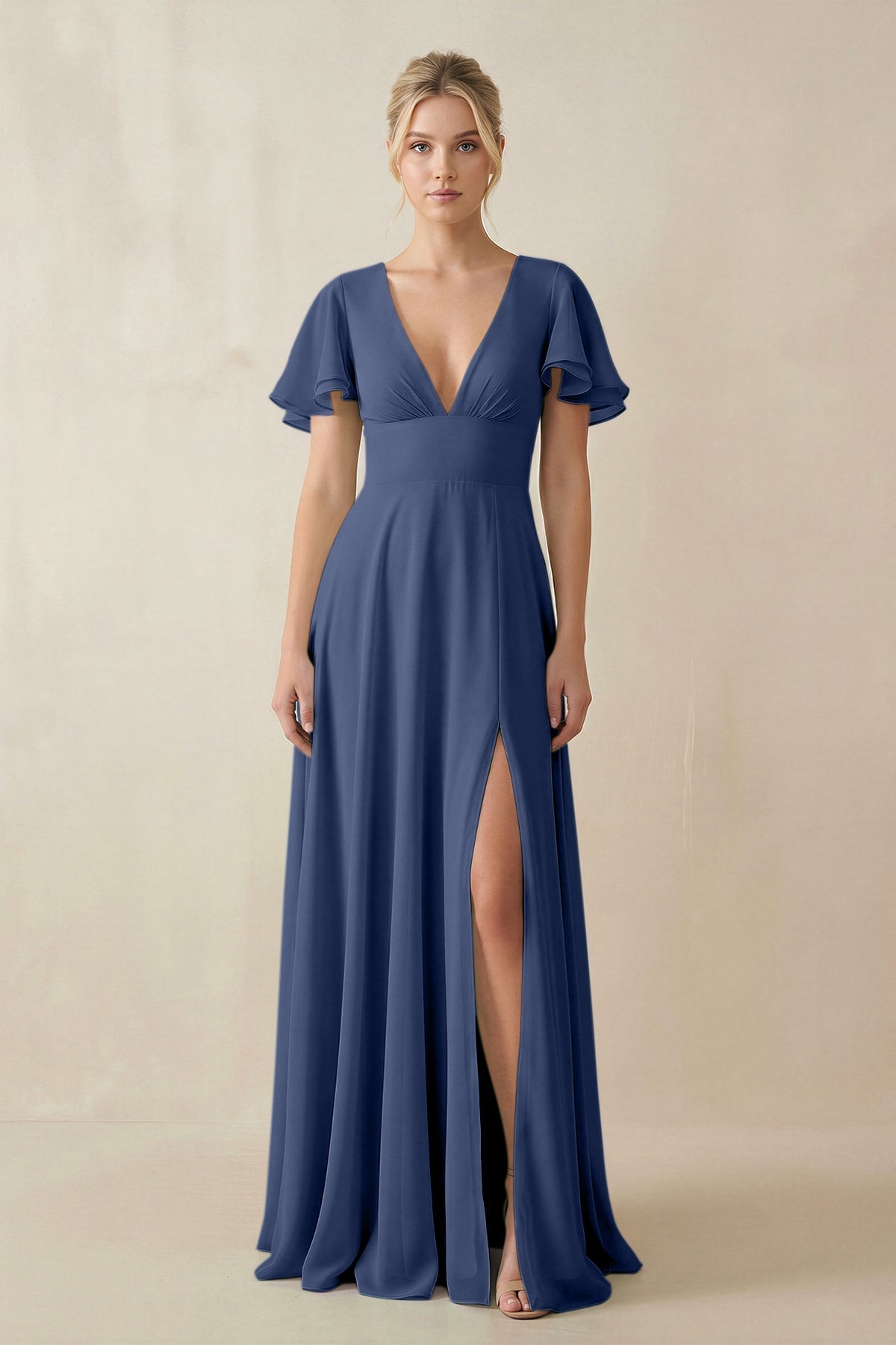 V-Neck Ruffled Short Sleeves A-Line Bridesmaid Dress in Navy