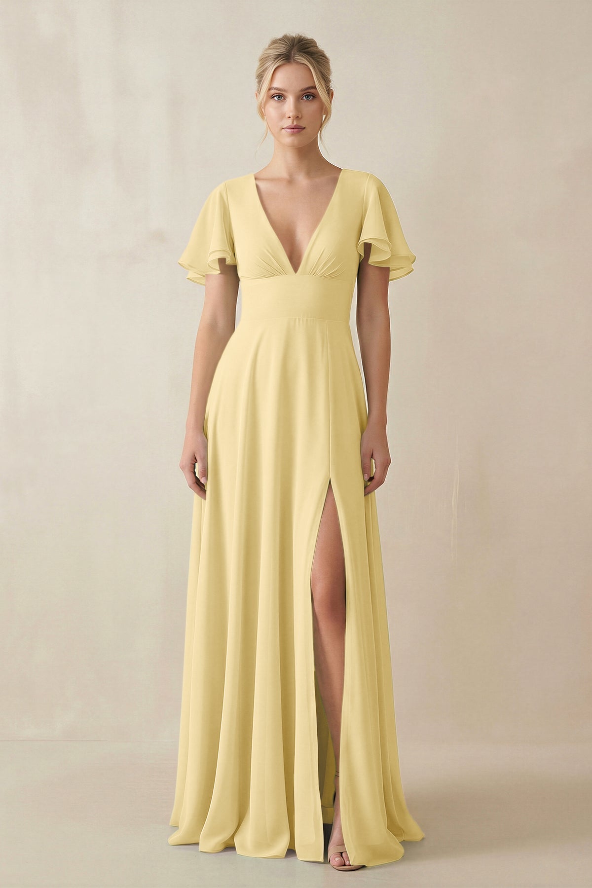 short yellow bridesmaid dresses KissProm V-Neck Ruffled Sleeves A-Line Dress in Pastel Yellow, Pastel / 10 Color:FUSCHSIA the floor MD 9/23 black wrap dress -