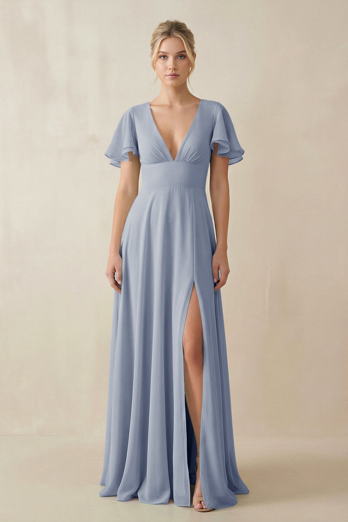 short sleeve bridesmaid dress KissProm V-Neck Ruffled Sleeves A-Line in Twilight, Twilight / 8 Shoe size:2 Glamorweb on LTK Hemline/Train Early Access 2025