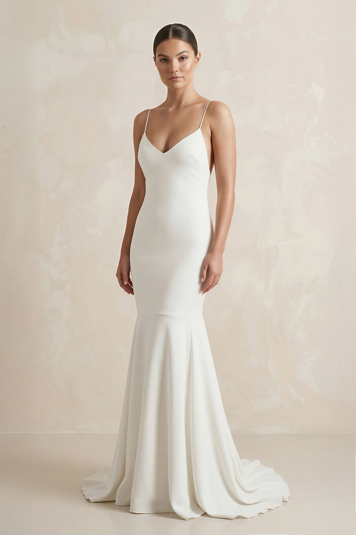KissProm V-Neck Satin Mermaid Ruched Wedding Dress in White, White / 30
