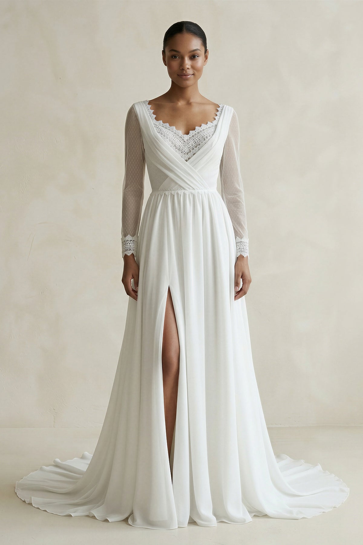 chiffon sheath wedding dress Mermaid Long Sleeves with Slit Diamond White / 20 Color:White Light Blue & Navy Made to your custom Mila