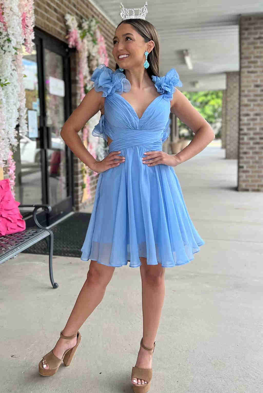 Jill | V-Neck Sky Blue Pleated A-Line Party Dress