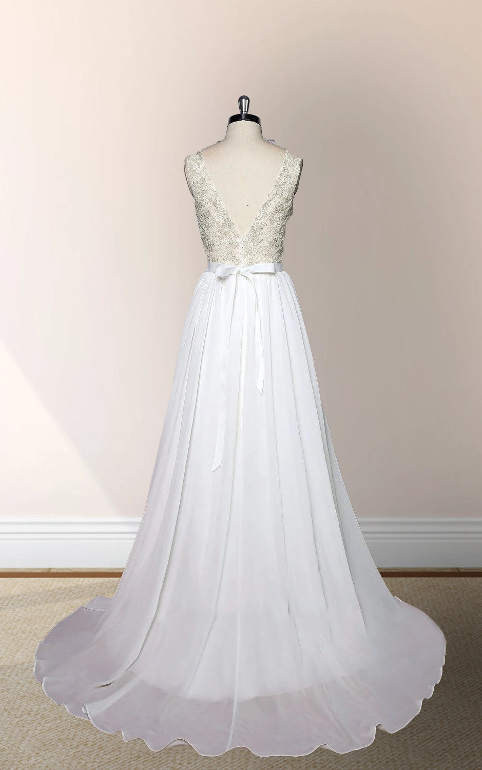 V - Neck Sleeveless Chiffon Wedding Dress With Golden Lace Bodice - KissProm