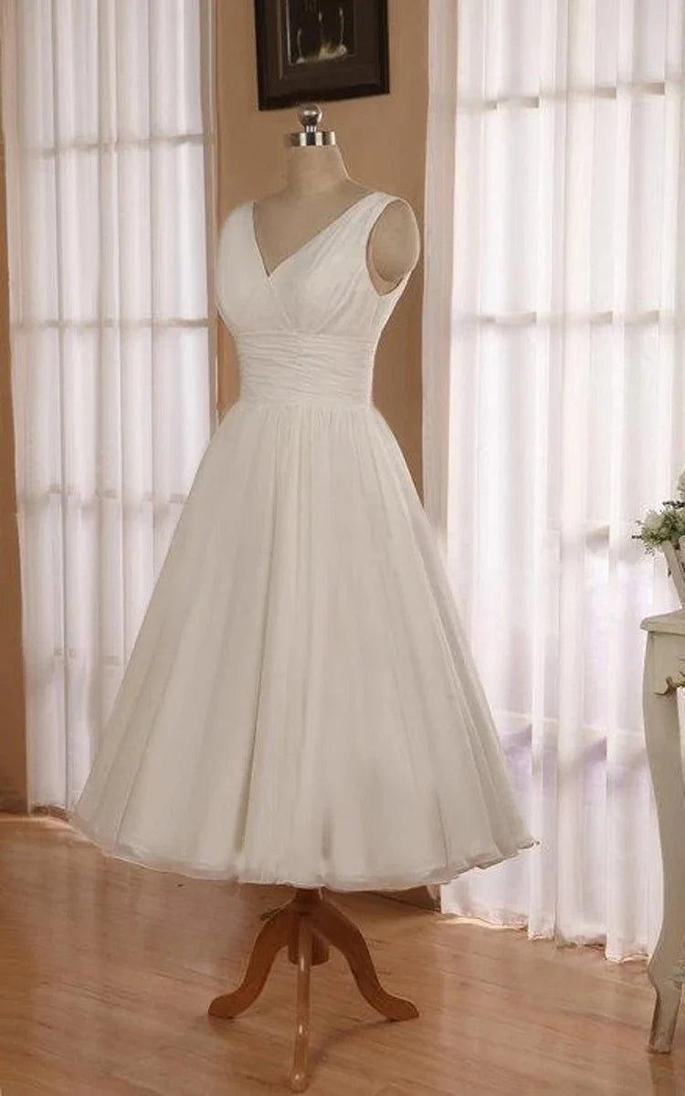 Tea-length V-Neck Chiffon A-Line Dress with Ruched Waist Royal Blue main image 1