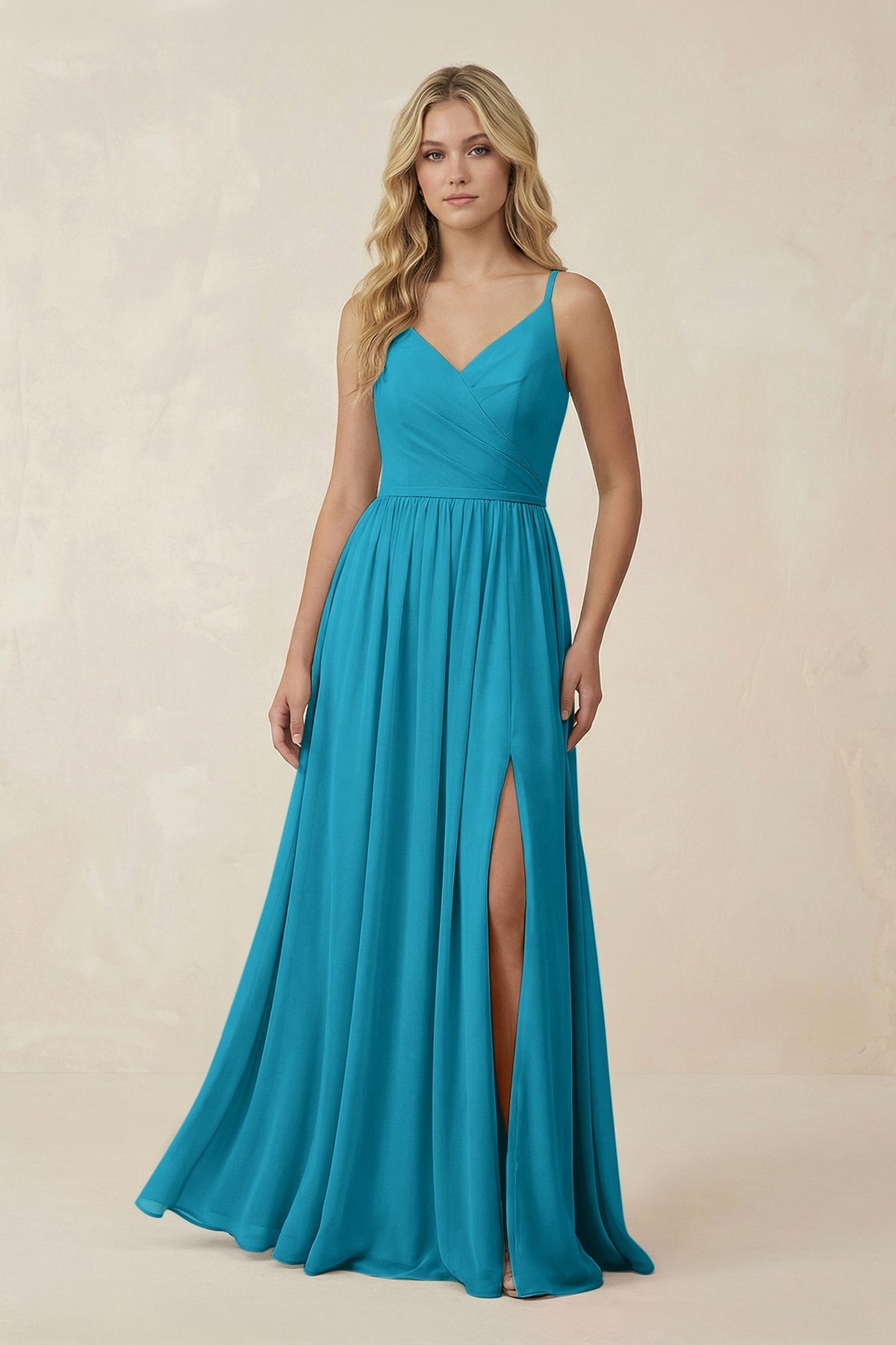 KissProm V-Neck Spaghetti Strap A-Line Chiffon Bridesmaid Dress in Blue Jay, Blue Jay / 10