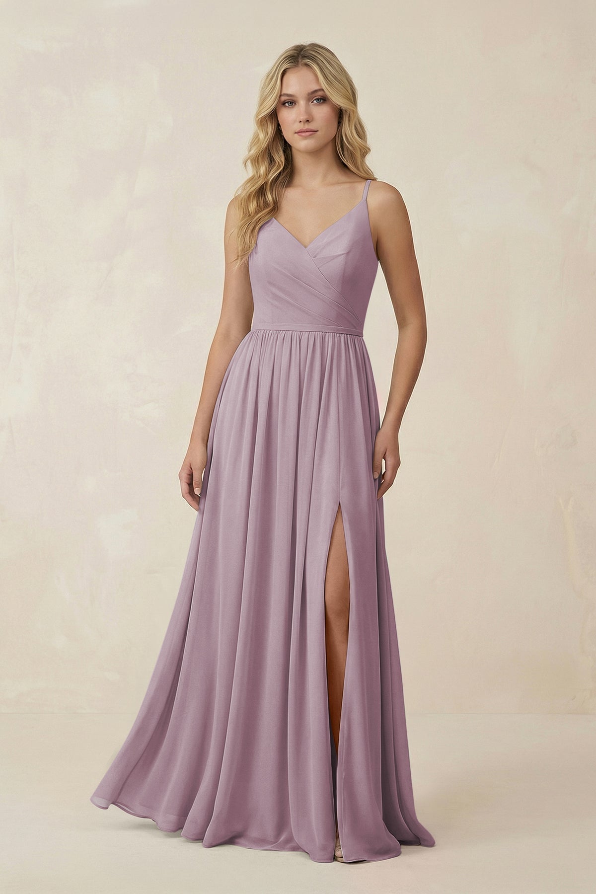 KissProm V-Neck Spaghetti Strap A-Line Chiffon Bridesmaid Dress in Dusk, Dusk / 24