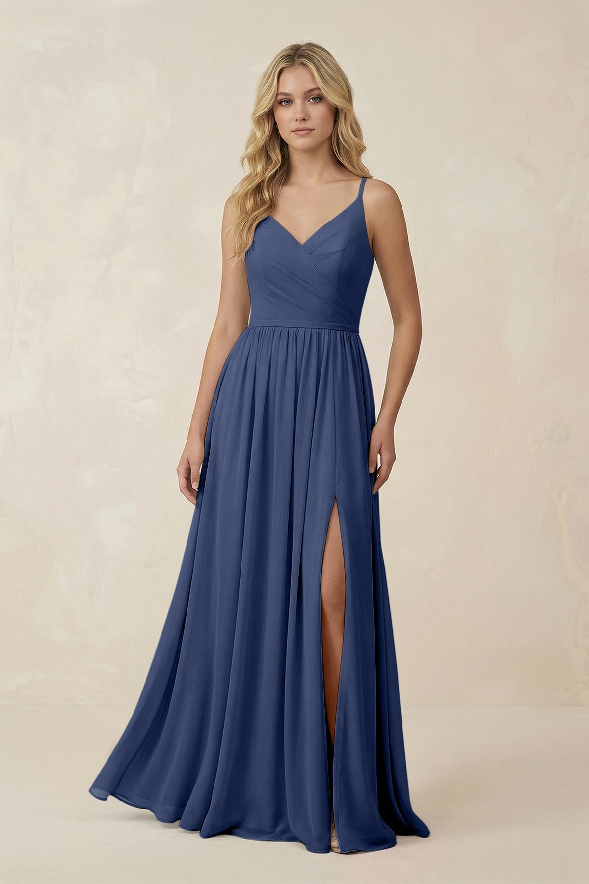 KissProm V-Neck Spaghetti Strap A-Line Chiffon Bridesmaid Dress in Navy, Navy / Custom Size( Free )