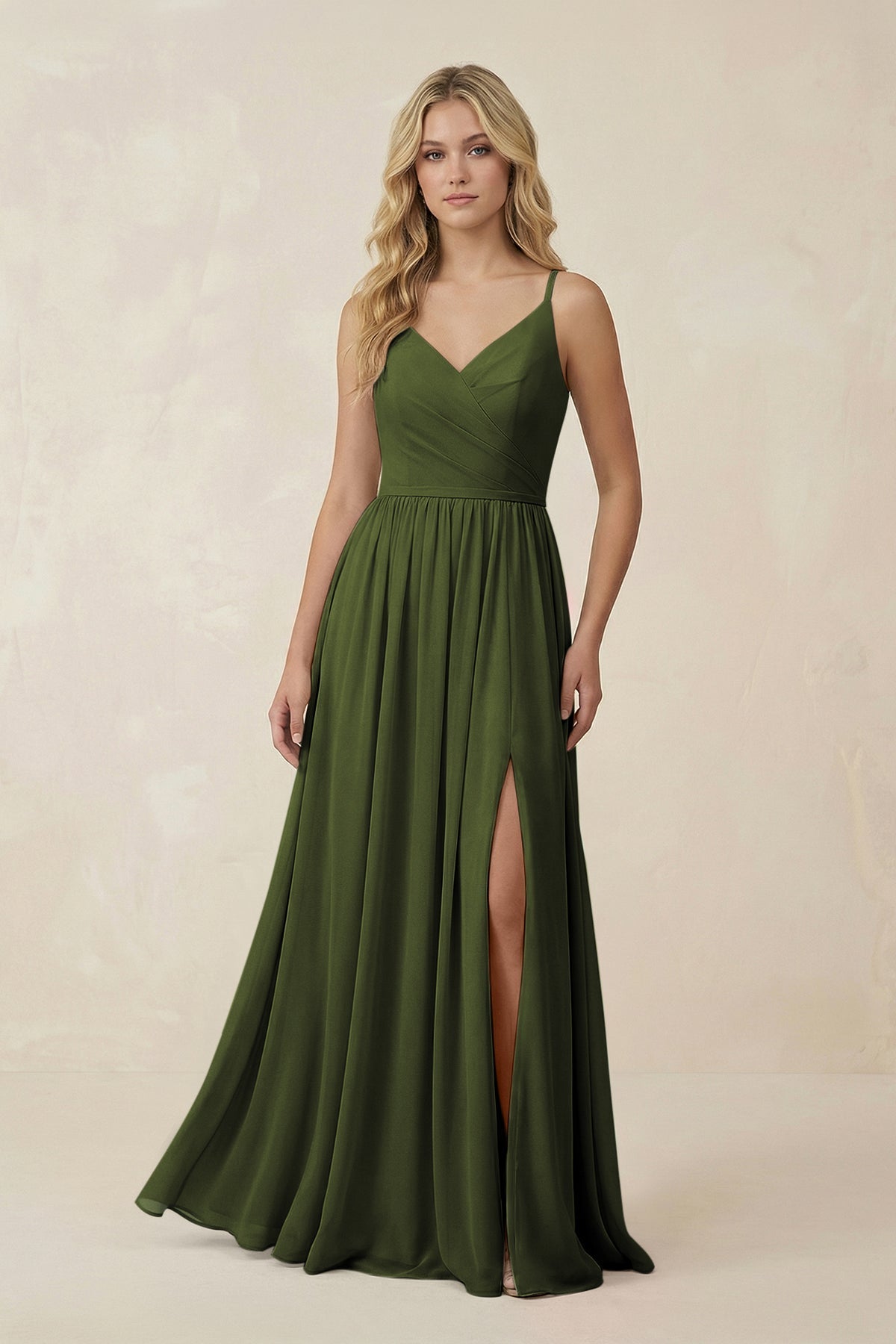 KissProm V-Neck Spaghetti Strap A-Line Chiffon Bridesmaid Dress in Olive, Olive / 2