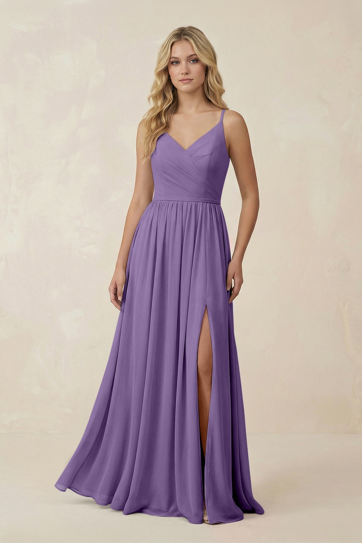 KissProm V-Neck Spaghetti Strap A-Line Chiffon Bridesmaid Dress in Tahiti, Tahiti / 2