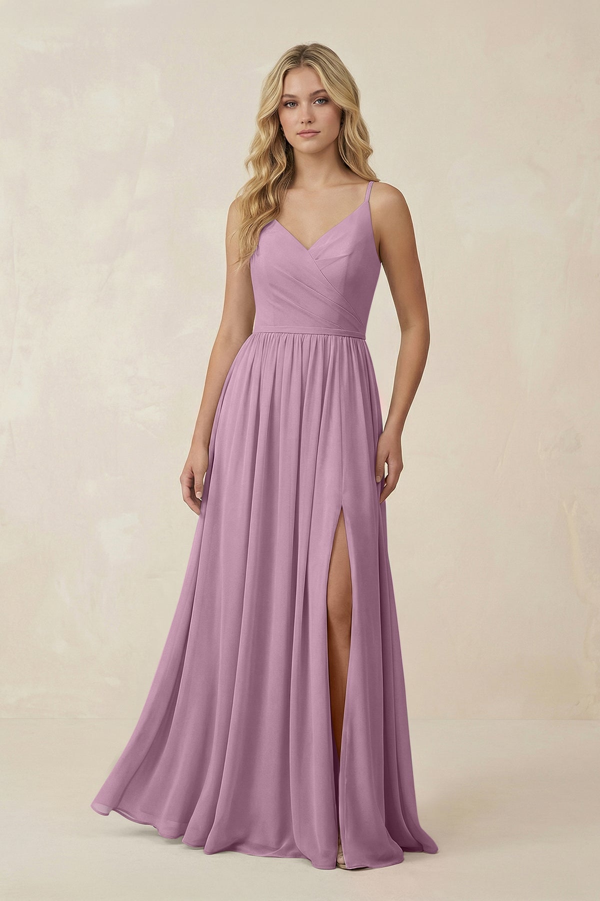 KissProm V-Neck Spaghetti Strap A-Line Chiffon Bridesmaid Dress in Wisteria, Wisteria / Custom Size( Free )