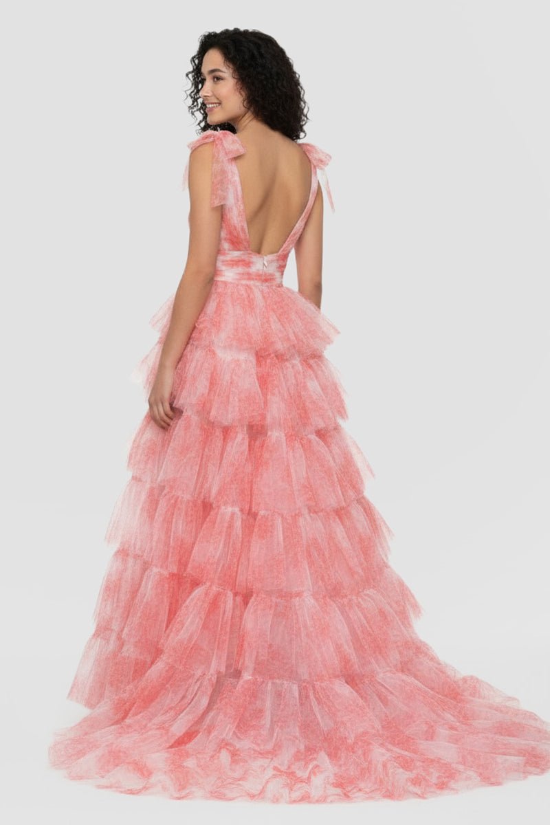 KissProm-Kylee V-Neck Tie Straps Red Floral Print Layered Long Prom Dress