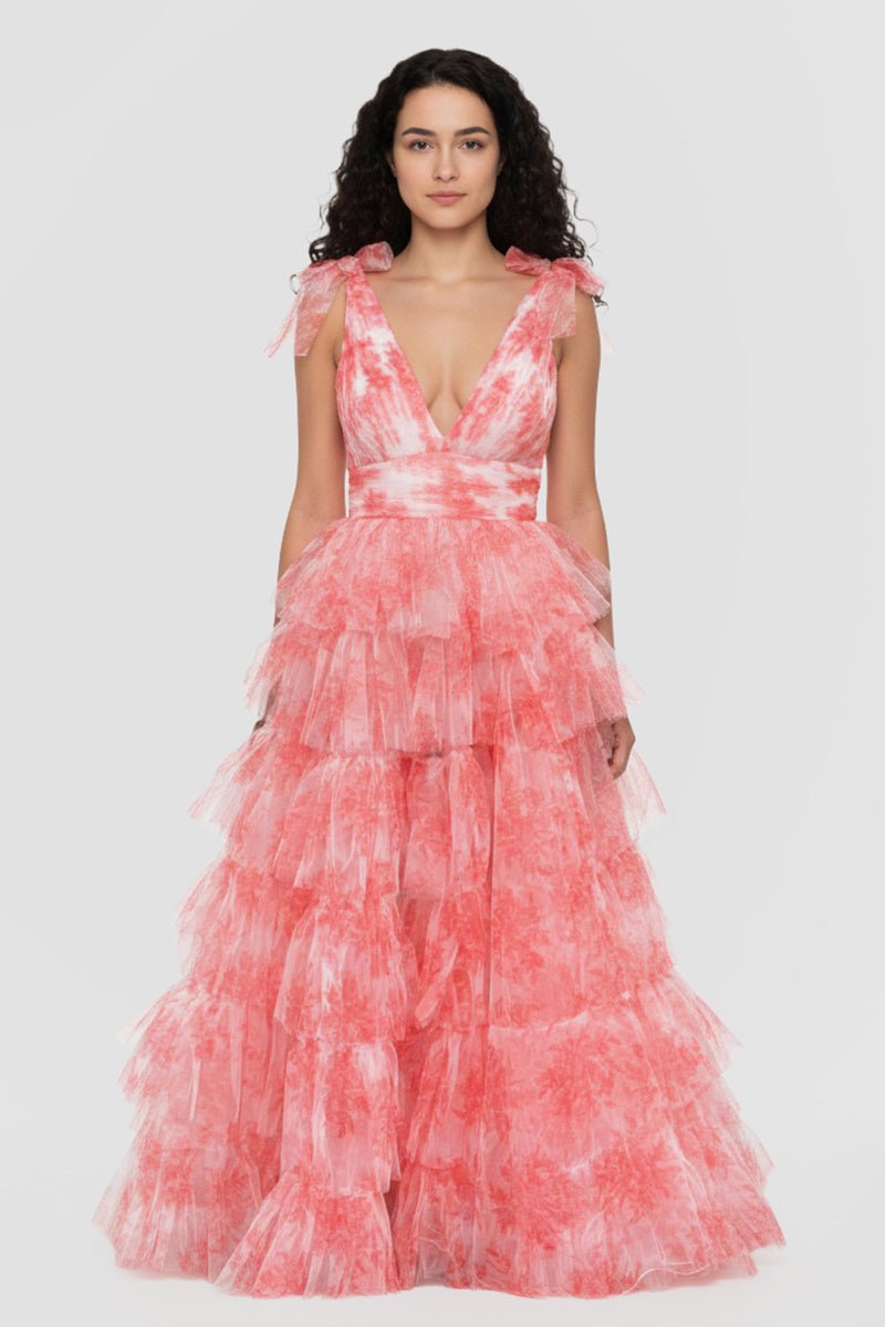 KissProm-Kylee V-Neck Tie Straps Red Floral Print Layered Long Prom Dress