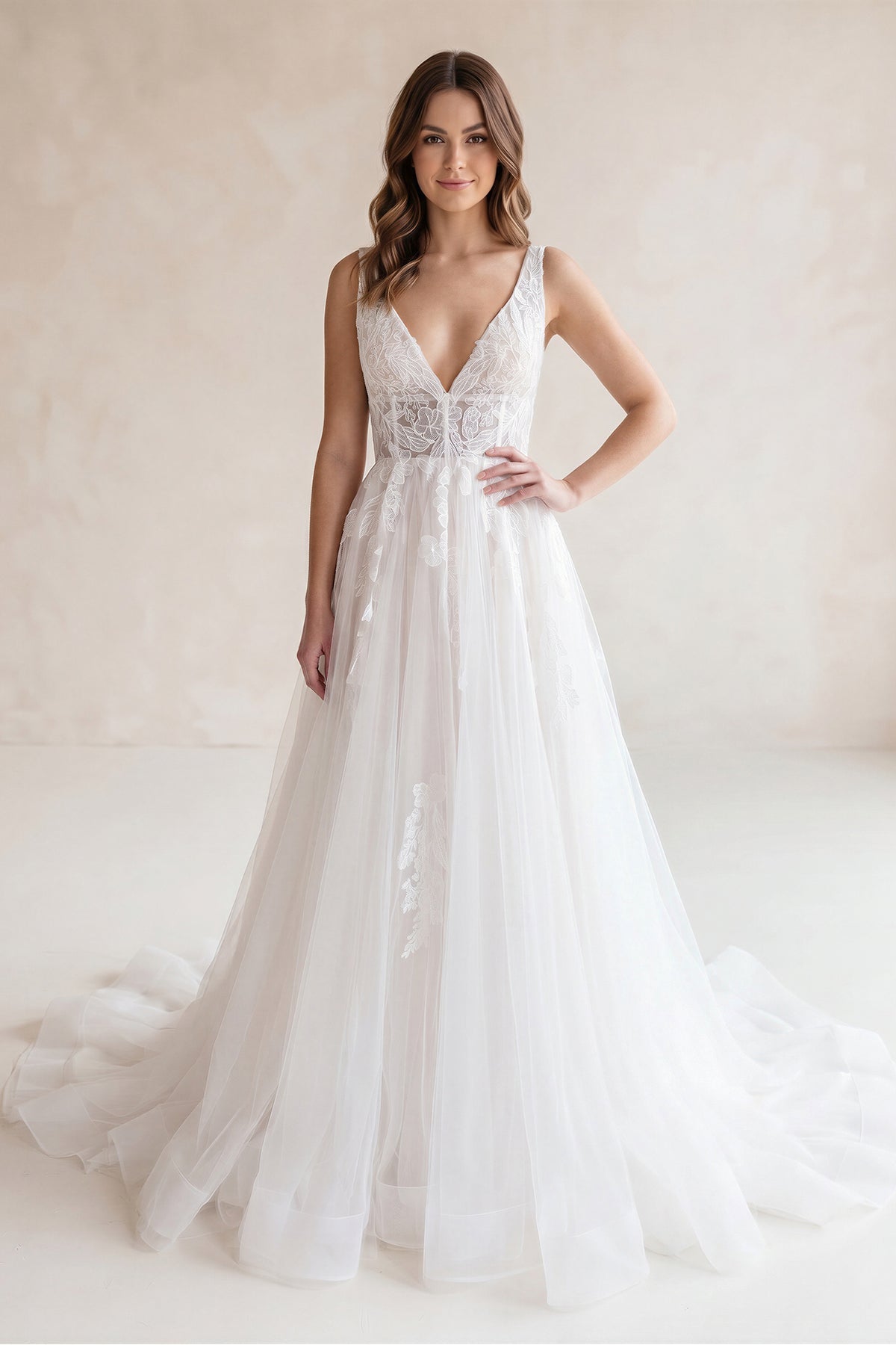 Ivory A-Line Deep V-Neck Backless Long Wedding Dress with Lace, Ivory / 18