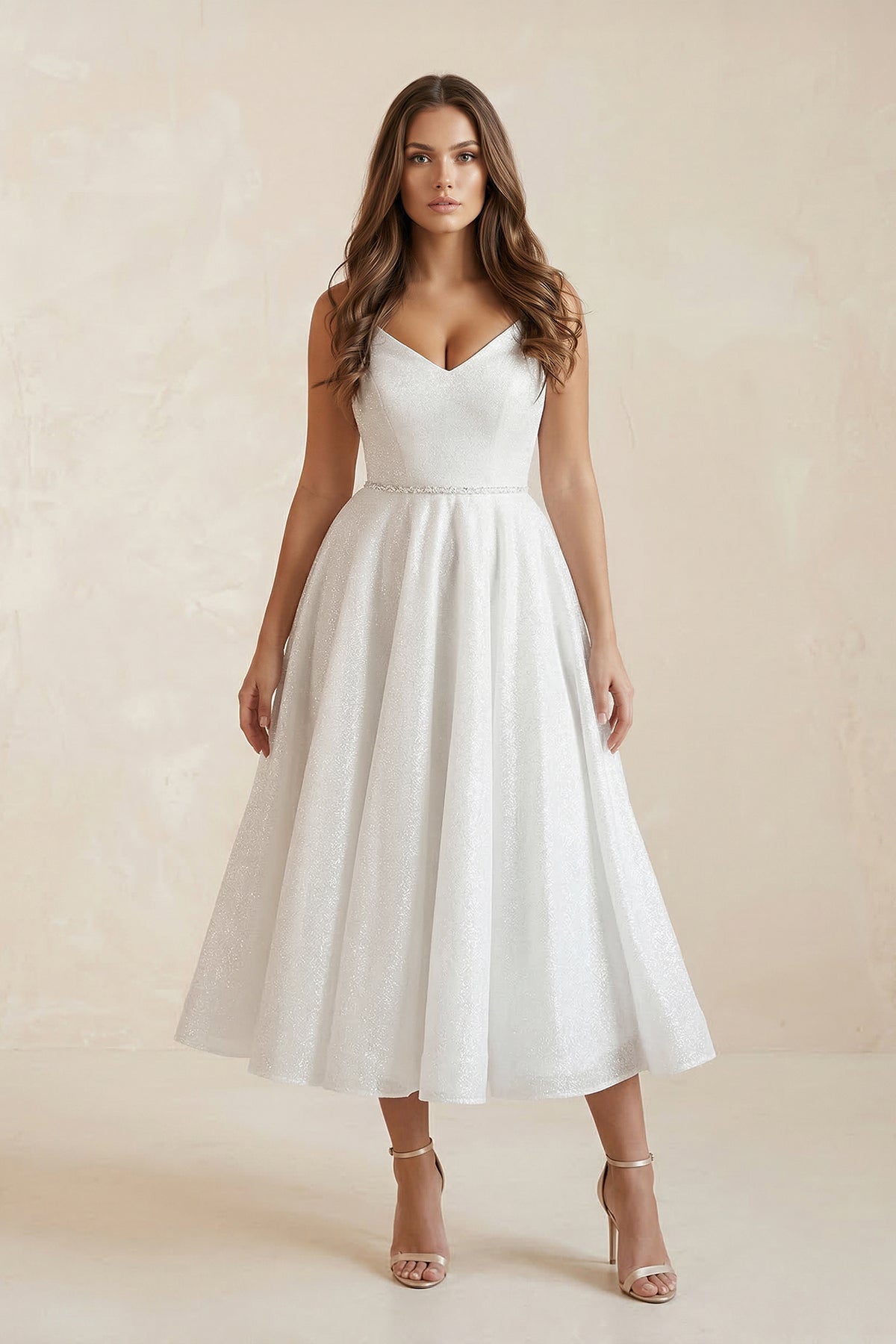 V-Neck Tulle A-Line Ruched Wedding Dress in White, White / 18