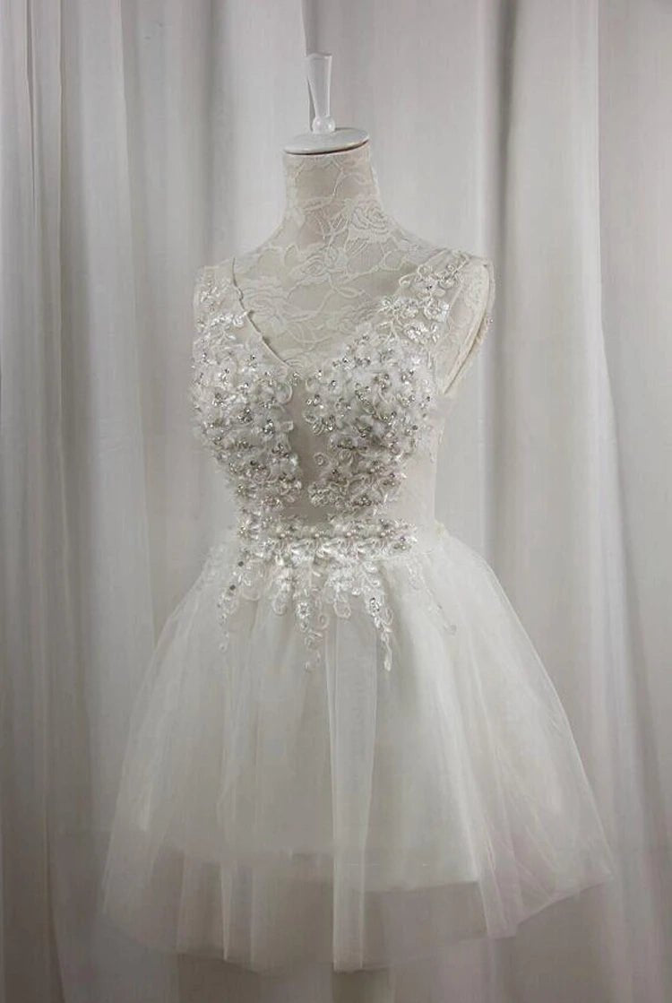 Short V-Neck Tulle Satin A-Line Wedding Dress