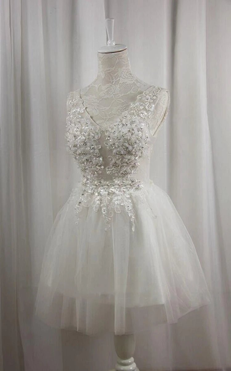 Short V-Neck Tulle Satin A-Line Wedding Dress