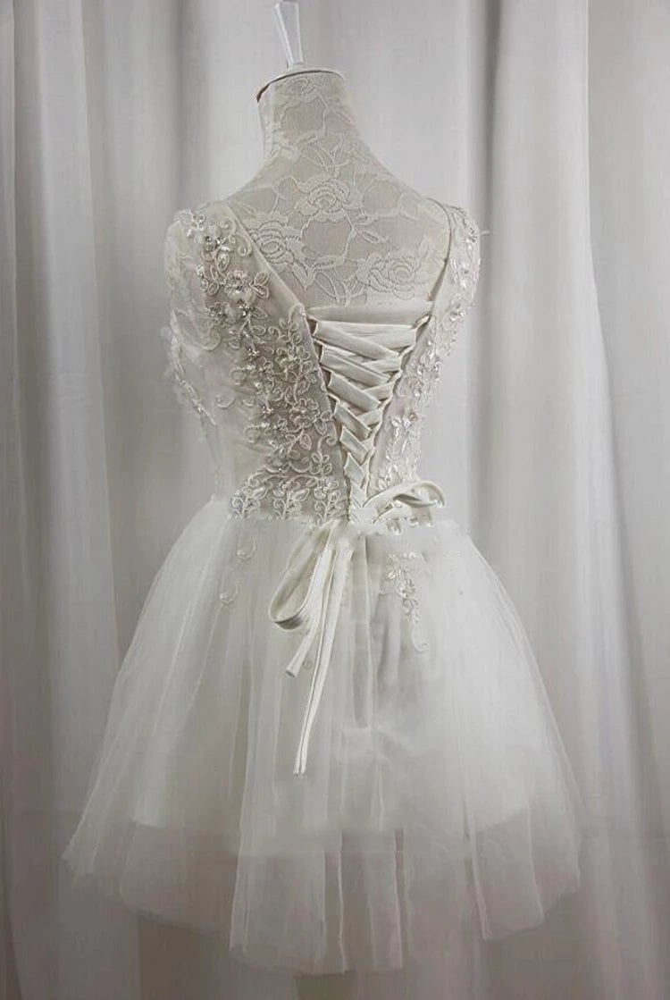 Short V-Neck Tulle Satin A-Line Wedding Dress
