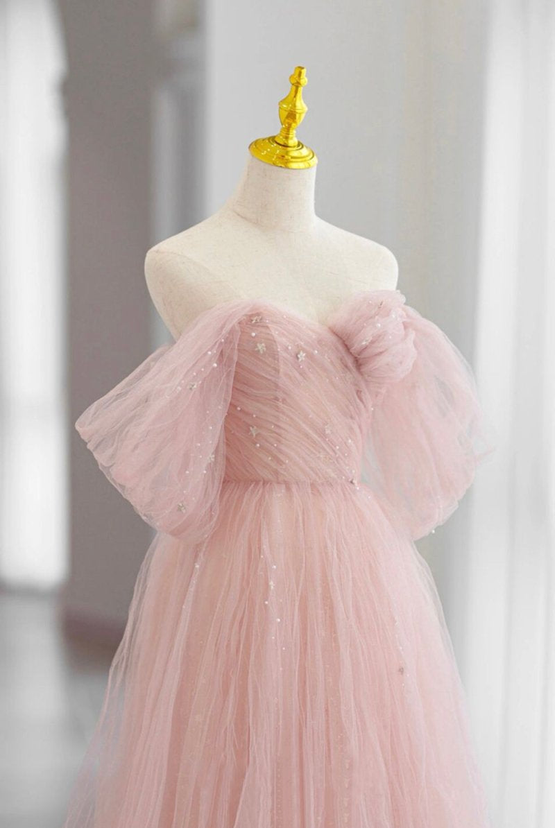 Adalee | Pink Tulle Floor Length Prom Dress, Cute A-Line Evening Party Dress