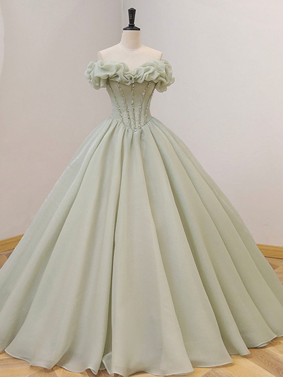Quinceanera Dress Green Long Prom Dress Green Tulle Formal Sweet Dress with Beading