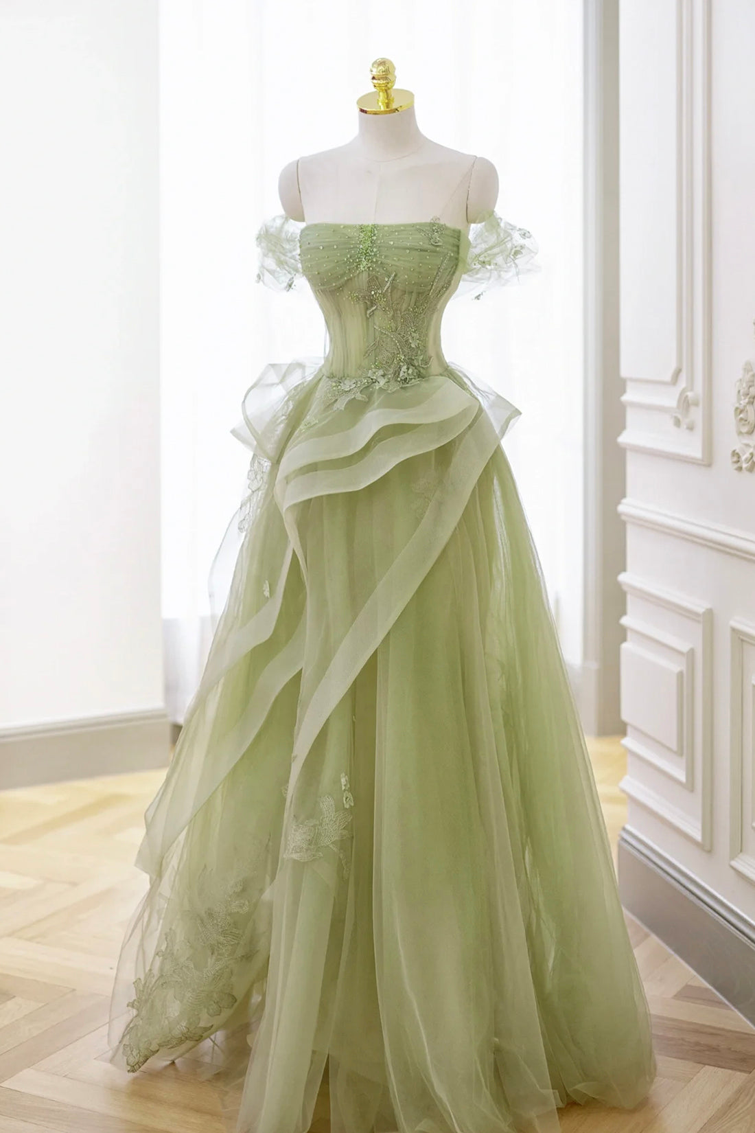 Nellie | Green Tulle Lace Long Prom Dress with Corset, Green Formal Party Dress