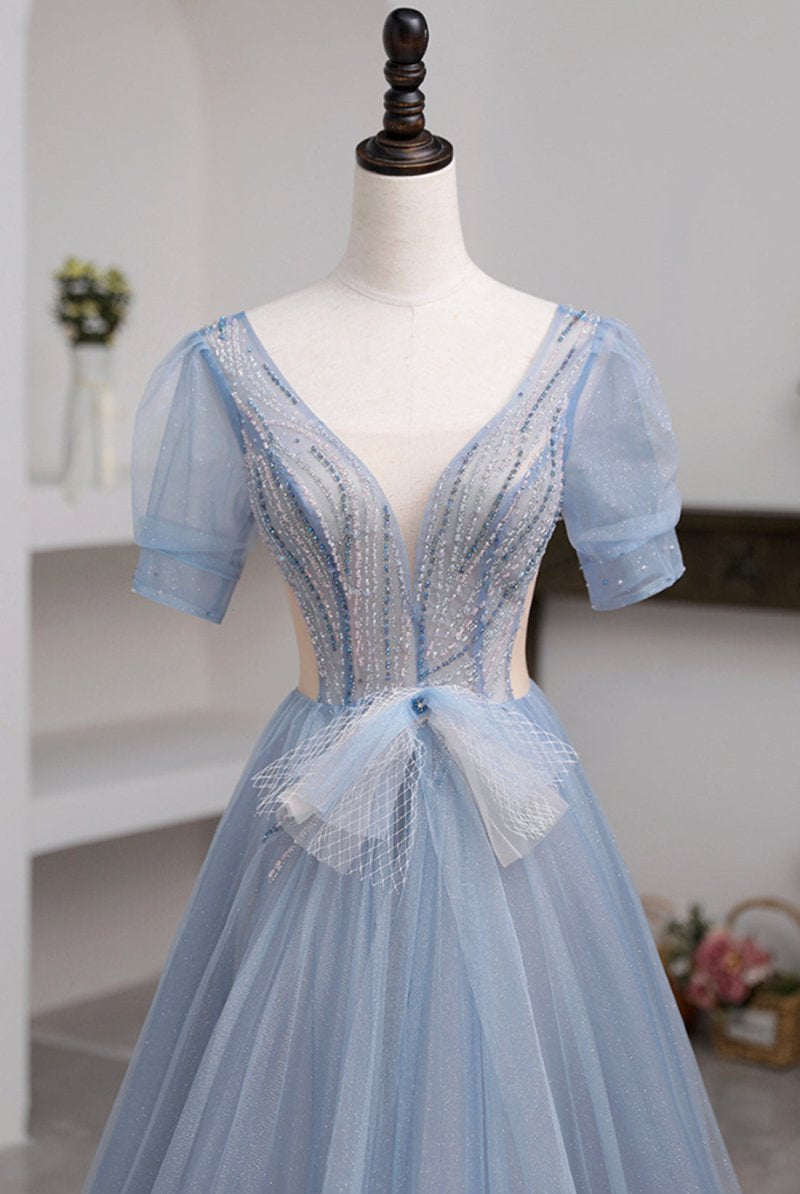 Khaleesi | Blue Short Sleeve Tulle Floor Length Prom Dress with Beaded - KissProm