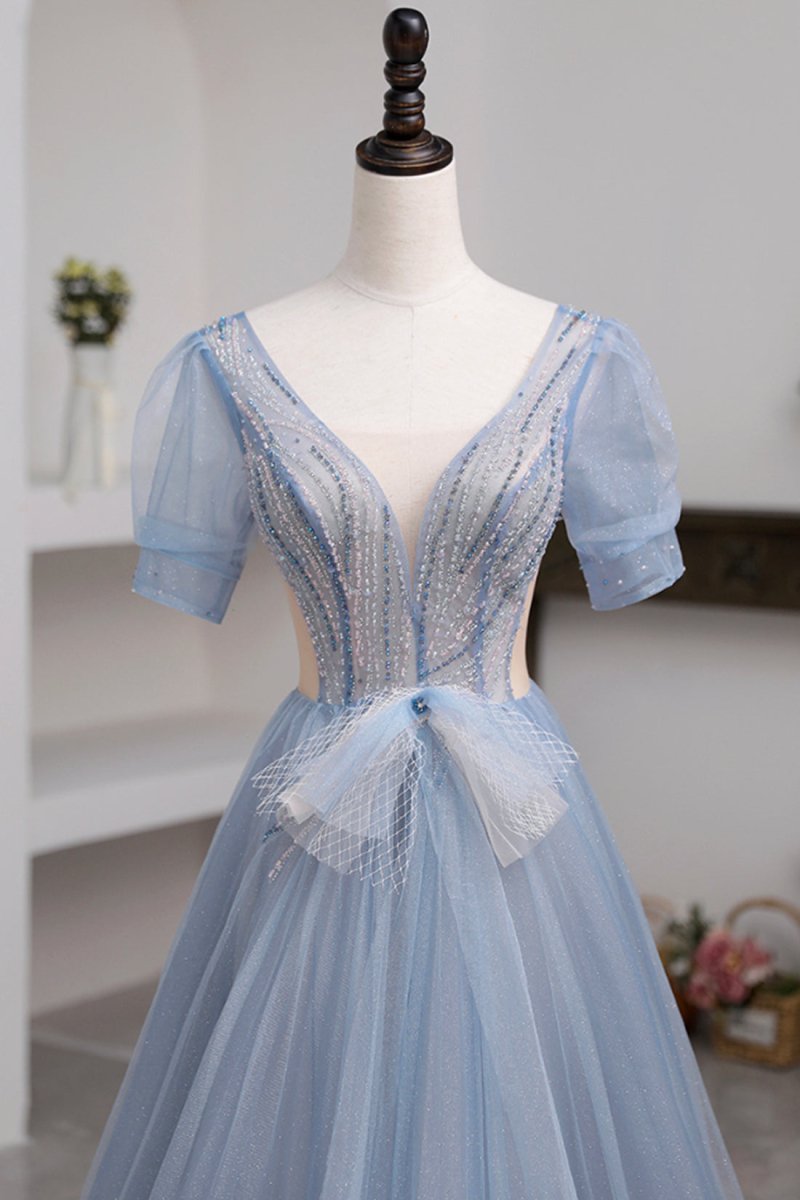 Khaleesi | Blue Short Sleeve Tulle Floor Length Prom Dress with Beaded - KissProm