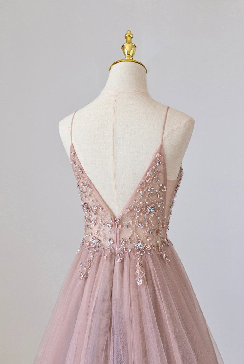 Yareli | Pink Tulle Long A - Line Prom Dress, Pink Spaghetti Formal Dress with Beaded - KissProm