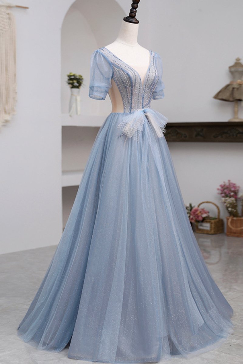 Khaleesi | Blue Short Sleeve Tulle Floor Length Prom Dress with Beaded - KissProm