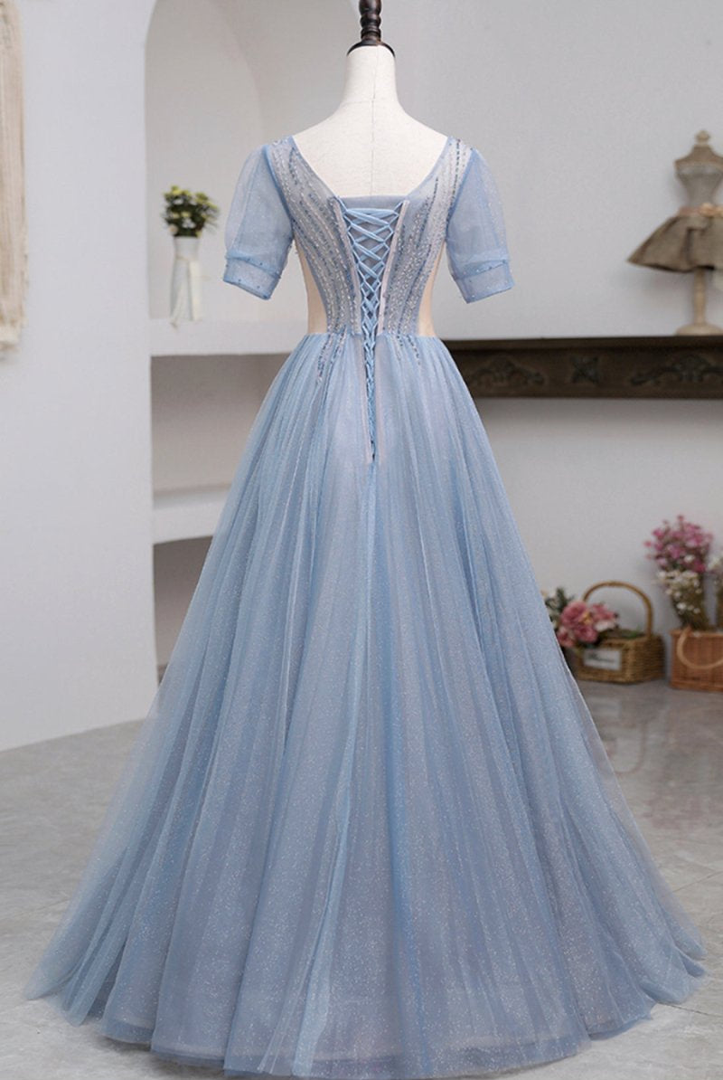 Khaleesi | Blue Short Sleeve Tulle Floor Length Prom Dress with Beaded - KissProm