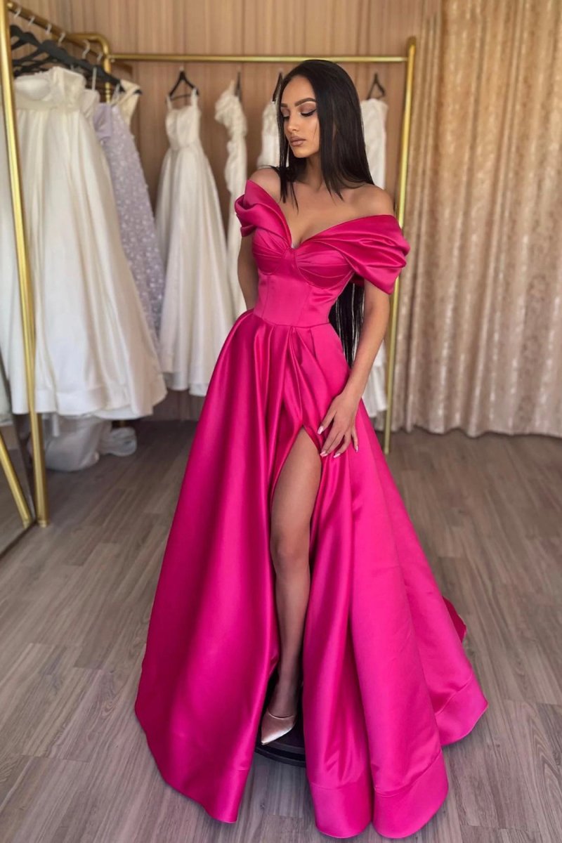 Murphy | Stylish A - Line Off the Shoulder Satin Long Prom Dress, Hot Pink Satin Pleats Evening Dress with Slit - KissProm