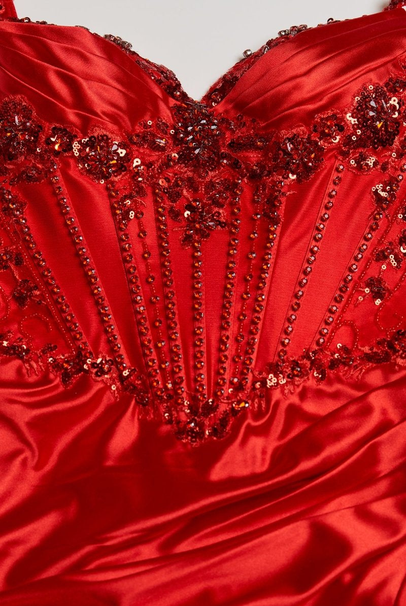 Vaelia | Red - Spaghetti Straps Mermaid Satin Sequined Long Formal Prom Dresses With Slit - KissProm