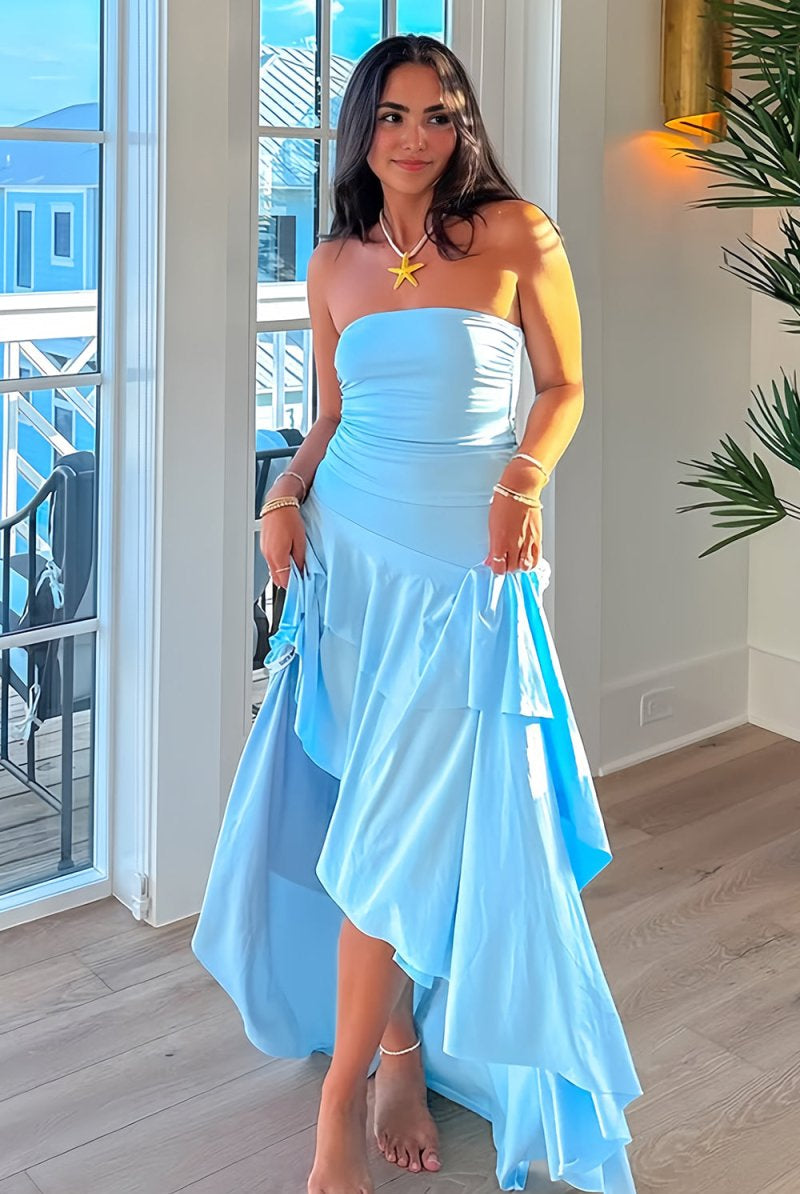 KissProm-Vaelie Blue Sheath Strapless Spandex High Low Long Prom Dresses With Ruffles