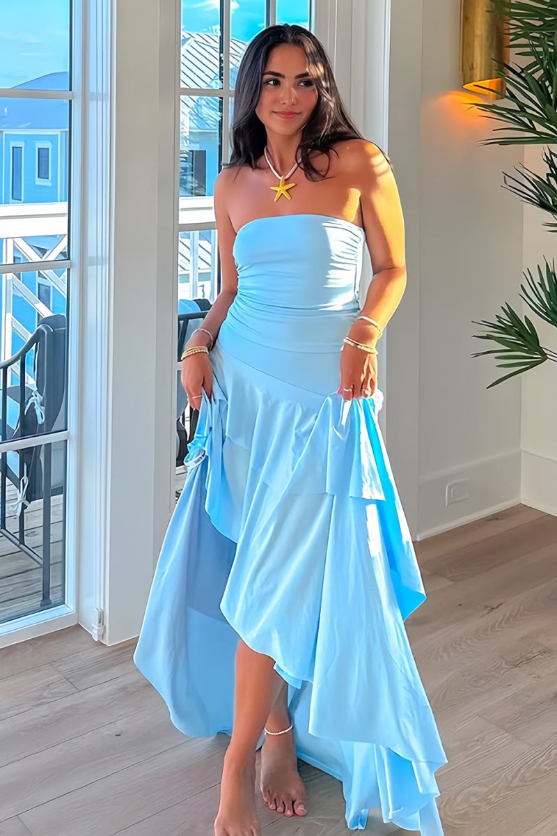 Blue Sheath Strapless Spandex High Low Long Prom Dresses with Ruffles Blue / 16 Blue Sheath Strapless Spandex High Low Long Prom Dresses with Ruffles Blue / 16